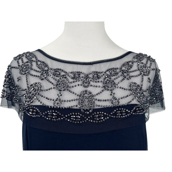 R&M RICHARDS Long Dress with Sheer Beaded Neck and Shoulder Size 10 Navy Blue - Picture 5 of 16